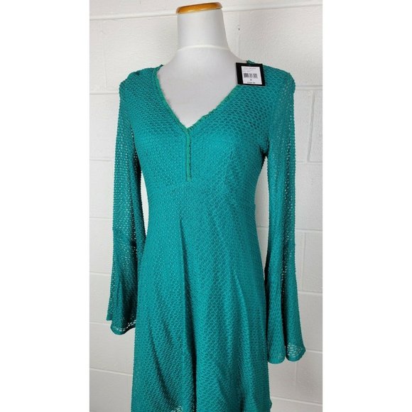 NWT Nanette Lepore Ciao Bella Shift Dress Jade Green Bell Sleeve Boho 8 - Picture 2 of 10